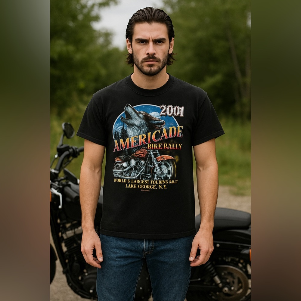 Vintage 2001 Americade Bike Rally T-Shirt Lake George NY Wolf Motorcycle M L
